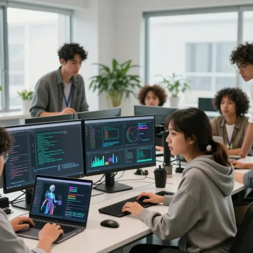 Team of developers working on sex AI project in a modern office environment, showcasing innovative technology and collaboration.