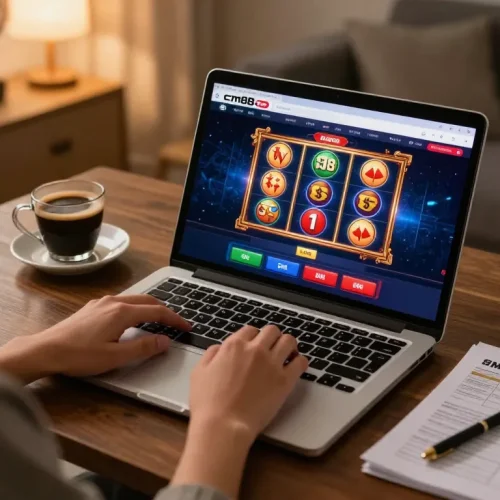 A player engages with the cm88 com online casino interface on a laptop, blending home comfort with digital gaming excitement.