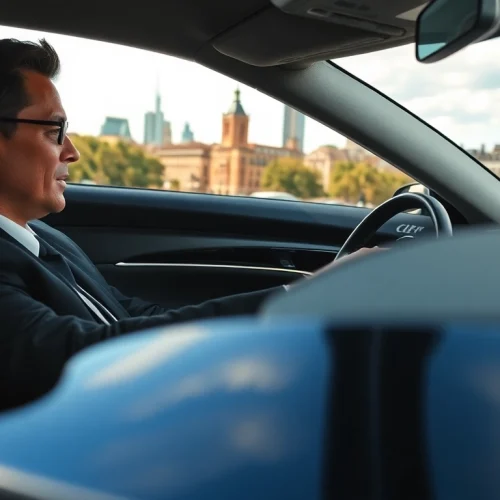 Chauffeur Hire with a professional driver in a luxury vehicle on a city street.