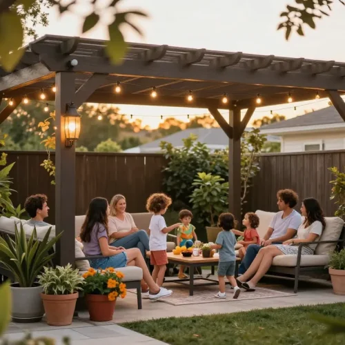 Family enjoying time under a beautifully designed pergola configurator, surrounded by greenery and warm lighting.