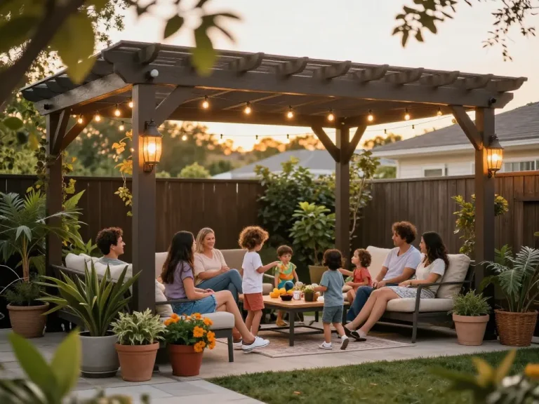 Family enjoying time under a beautifully designed pergola configurator, surrounded by greenery and warm lighting.