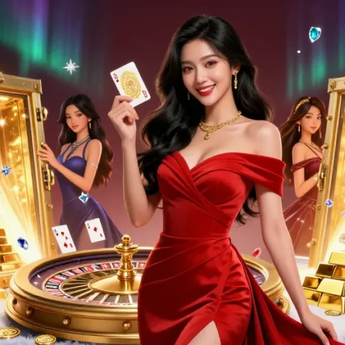 Join the excitement at 789win with a dazzling casino scene showcasing a confident woman beside a roulette wheel and shimmering treasure.