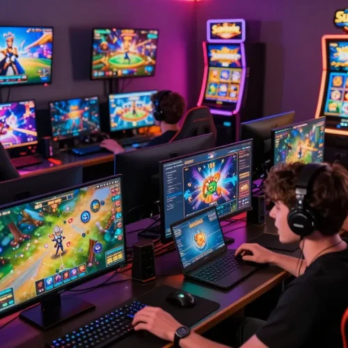 Engaging gaming scene at https://sunwin7979.com/, showcasing players enjoying diverse games in a vibrant online environment.