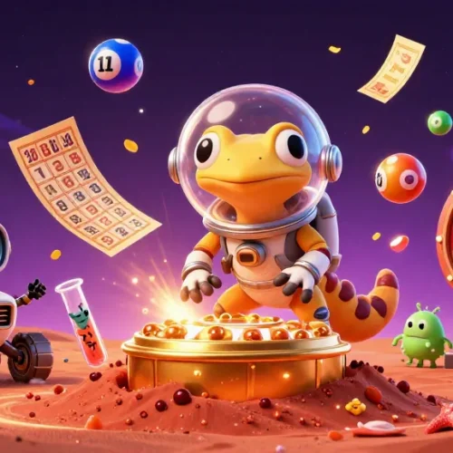 Experience bonuses and vibrant games at Debet, where the Martian gecko explores a golden casino.