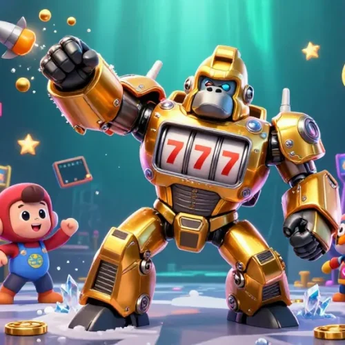 Engage in exhilarating gameplay at GG88 with a dynamic 3D casino illustration featuring a golden gorilla mech.