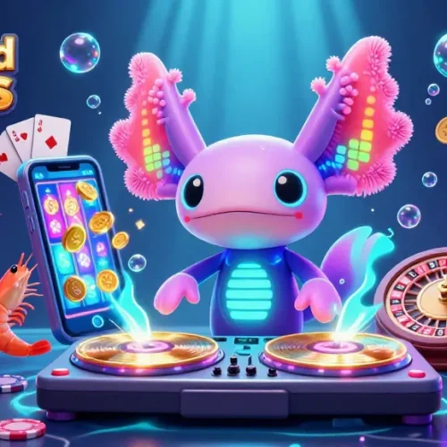 Engage with credit card casinos for a vibrant underwater DJ party illustrated with neon colors and dynamic gaming elements.
