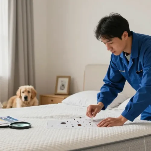Bed bug treatment demonstration in a cozy home with family during inspection.