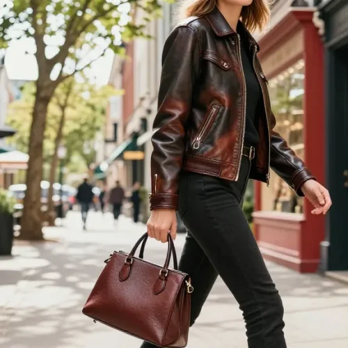 Stylish person showcasing Razafeti leather in urban fashion context with luxury elements