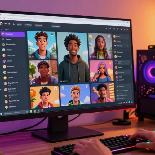 Engaging NSFW AI chat interface with animated avatars in a stylish modern home office.