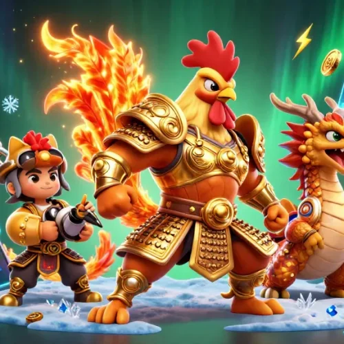 LUCKY88 showcases a dynamic 3D scene with a rooster warrior, dragon, and fortune cat in a rich casino environment.