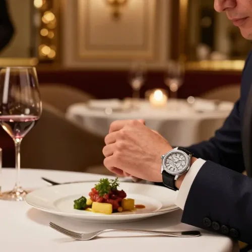 Stylish individual wearing a super clone watch at an elegant dinner, showcasing luxury and sophistication.