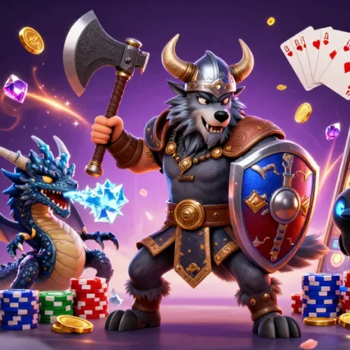 Experience thrilling gameplay with rajazeus 888 as Viking warriors and dragons celebrate slots.