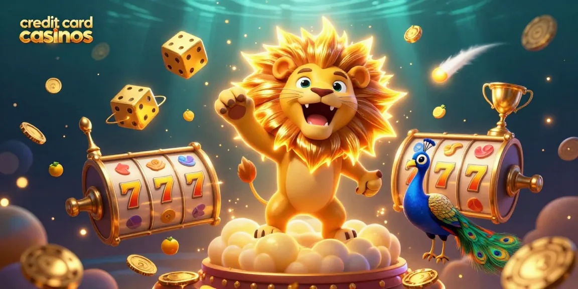 Engage with credit card casinos in this vibrant, action-packed casino scene featuring a roaring lion.