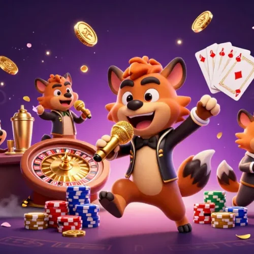Cổng game Sunwin showcases a lively casino scene with animated hyenas engaging in fun activities.