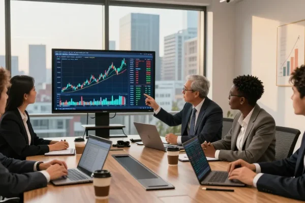 Invest in BRICS coins strategy discussion in modern office setting