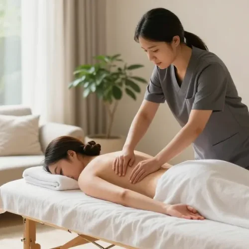 Experience bliss with a professional 모란출장마사지 in a soothing home environment, surrounded by calming elements like candles and essential oils.